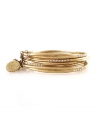 Accent your wrists with one gold bangle, or stack them as high as you please. Perfect the art of layering with these stackable bangles by Jessica Simpson. Each bangle features a row of seven round-cut crystal accents for an extra special touch. Crafted in worn gold tone mixed metal. Bangle set comes with a 3-inch attachment chain. Approximate diameter: 2-3/4 inches. Accent your wrists with one gold bangle, or stack them as high as you please. Perfect the art of layering with these stackable bangles by Jessica Simpson. Each bangle features a row of seven round-cut crystal accents for an extra special touch. Crafted in worn gold tone mixed metal. Bangle set comes with a 3-inch attachment chain. Approximate diameter: 2-3/4 inches.