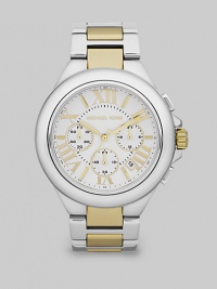 Understated chic joins high performance in this timepice with simple lines in goldtone and silvertone, smartly contrasted.Quartz movementWater resistant to 10 ATMSilvertone stainless steel round case, 43mm diameter (1.7)Polished bezelWhite dialOversized goldtone Roman numeralsSecond handThree chronograph sub dialsDate window between 4:00 and 5:00Two-tone link braceletImported Understated chic joins high performance in this timepice with simple lines in goldtone and silvertone, smartly contrasted.Quartz movementWater resistant to 10 ATMSilvertone stainless steel round case, 43mm diameter (1.7)Polished bezelWhite dialOversized goldtone Roman numeralsSecond handThree chronograph sub dialsDate window between 4:00 and 5:00Two-tone link braceletImported