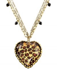 Fall in love with this very cool look from Betsey Johnson. Resin-coated heart-shaped leopard pendant dangles on a layered goldtone metal chain with cute geometric charms throughout. Chain measures 26 inches; drop measures 1-1/2 inches. Fall in love with this very cool look from Betsey Johnson. Resin-coated heart-shaped leopard pendant dangles on a layered goldtone metal chain with cute geometric charms throughout. Chain measures 26 inches; drop measures 1-1/2 inches.