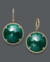 Perfect your party look. Add vivacity with round rose-cut dyed-green corundum sapphires (42 ct. t.w.) surrounded by sparkling round-cut diamonds (1/2 ct. t.w.). Set in 14k gold. Approximate drop: 3/4 inch. Stones from Brazil. Perfect your party look. Add vivacity with round rose-cut dyed-green corundum sapphires (42 ct. t.w.) surrounded by sparkling round-cut diamonds (1/2 ct. t.w.). Set in 14k gold. Approximate drop: 3/4 inch. Stones from Brazil.