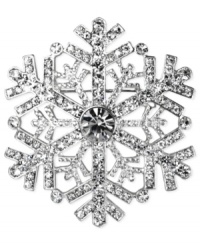 Perfectly unique: a wintry snowflake pin from Jones New York. The detailed silhouette sparkles with crystal accents. Crafted in silver tone mixed metal. Approximate diameter: 2 inches. Includes gift box. Perfectly unique: a wintry snowflake pin from Jones New York. The detailed silhouette sparkles with crystal accents. Crafted in silver tone mixed metal. Approximate diameter: 2 inches. Includes gift box.