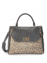THE LOOKSingle tubular leather top handle with whipstitchingRemovable flat leather shoulder strapRoomy rectangular shapeLeather flap and side zip panelsLeopard-print suede front and back panelsTurnlock closureBack logo foil printOne outside open pocketOne inside zip pocketTwo inside open pocketsInside key clipInside logo detailTHE MEASUREMENTTop handle, 5 dropShoulder strap THE LOOKSingle tubular leather top handle with whipstitchingRemovable flat leather shoulder strapRoomy rectangular shapeLeather flap and side zip panelsLeopard-print suede front and back panelsTurnlock closureBack logo foil printOne outside open pocketOne inside zip pocketTwo inside open pocketsInside key clipInside logo detailTHE MEASUREMENTTop handle, 5 dropShoulder strap