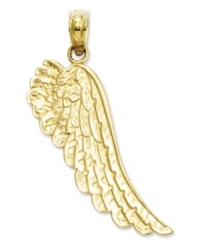 Give the gift of a guardian angel. This pretty and intricate angel wing charm is crafted in 14k gold. Chain not included. Approximate length: 1-1/10 inches. Approximate width: 4/10 inch. Give the gift of a guardian angel. This pretty and intricate angel wing charm is crafted in 14k gold. Chain not included. Approximate length: 1-1/10 inches. Approximate width: 4/10 inch.