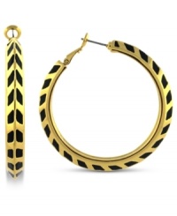 Print's charming. A black chevron pattern adorns these hoop earrings from Vince Camuto. The pair is crafted from gold-tone mixed metal and features a click-top closure. Approximate drop: 1-1/2 inches. Print's charming. A black chevron pattern adorns these hoop earrings from Vince Camuto. The pair is crafted from gold-tone mixed metal and features a click-top closure. Approximate drop: 1-1/2 inches.