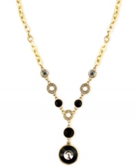 Add a sleek y-design to your neckline. Jones New York's elegant necklace combines clear and black plastic and glass beads on a gold tone mixed metal chain. Approximate length: 16 inches + 3-inch extender. Approximate drop: 2-1/2 inches. Add a sleek y-design to your neckline. Jones New York's elegant necklace combines clear and black plastic and glass beads on a gold tone mixed metal chain. Approximate length: 16 inches + 3-inch extender. Approximate drop: 2-1/2 inches.