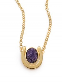 THE LOOKHorseshoe pendantDruzy accentGoldplated brass settingLobster closureTHE MEASUREMENTPendant length, about 1Length, about 17ORIGINMade in USA THE LOOKHorseshoe pendantDruzy accentGoldplated brass settingLobster closureTHE MEASUREMENTPendant length, about 1Length, about 17ORIGINMade in USA