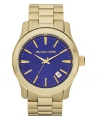 The classic golden watch gets a jolt of energy with a blue dial on this Runway watch from Michael Kors. The classic golden watch gets a jolt of energy with a blue dial on this Runway watch from Michael Kors.