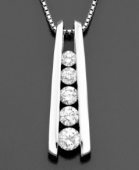 This beautiful twist on the classic journey diamond necklace features round-cut diamonds (1 ct. t.w.) set in 14k white gold. Approximate length: 18 inches. Approximate drop: 1 inch. This beautiful twist on the classic journey diamond necklace features round-cut diamonds (1 ct. t.w.) set in 14k white gold. Approximate length: 18 inches. Approximate drop: 1 inch.