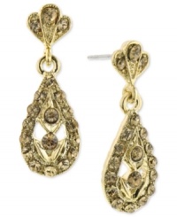 Featuring an intricate teardrop silhouette, 2028's drop earrings are embellished with light Colorado and topaz glass stones. Crafted in gold tone mixed metal. Approximate drop: 1-1/2 inches. Featuring an intricate teardrop silhouette, 2028's drop earrings are embellished with light Colorado and topaz glass stones. Crafted in gold tone mixed metal. Approximate drop: 1-1/2 inches.