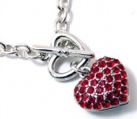 Designer Inspired Red Crystal Puff Heart Charm Toggle Necklace - White Gold Plated Designer Inspired Red Crystal Puff Heart Charm Toggle Necklace - White Gold Plated