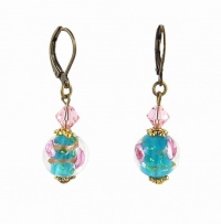 Earrings - E312 - Lampwork Glass and Swarovski (tm) Crystal Beads - Round Bead with Pink Flowers ~ Aqua Core Earrings - E312 - Lampwork Glass and Swarovski (tm) Crystal Beads - Round Bead with Pink Flowers ~ Aqua Core