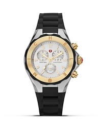A feat of substance and sweetness, this two-tone Michele Jelly Bean watch works a refined yet sporty vibe with its gold case, oversized dial, and durable silicone strap. A feat of substance and sweetness, this two-tone Michele Jelly Bean watch works a refined yet sporty vibe with its gold case, oversized dial, and durable silicone strap.
