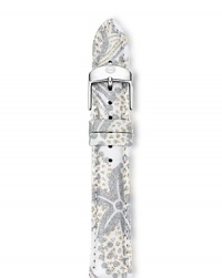Michele's interchangeable printed leather watch straps are an easy way to keep your chronograph current. Michele's interchangeable printed leather watch straps are an easy way to keep your chronograph current.