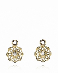 Inspired by antique lace, these 14K gold charms are punctuated with sparkling white diamonds and complement PANDORA's french wire and hoop earrings. Inspired by antique lace, these 14K gold charms are punctuated with sparkling white diamonds and complement PANDORA's french wire and hoop earrings.