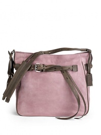 THE LOOKAdjustable contrast double shoulder strap with smooth leather shoulder padContrast logo ID tagTop zip closureContrast wrap-around buckle beltLeather-covered protective feetOne inside zip pocketOne inside open pocketInside logo detailTHE MEASUREMENTAdjustable shoulder strap, 18-20 drop13W X 13H X 3DTHE MATERIALCalfskinSuede liningORIGINImported THE LOOKAdjustable contrast double shoulder strap with smooth leather shoulder padContrast logo ID tagTop zip closureContrast wrap-around buckle beltLeather-covered protective feetOne inside zip pocketOne inside open pocketInside logo detailTHE MEASUREMENTAdjustable shoulder strap, 18-20 drop13W X 13H X 3DTHE MATERIALCalfskinSuede liningORIGINImported