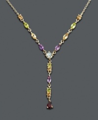 Let your playful side shine in a myriad of colors! Victoria Townsend's y-shaped necklace highlights marquise, pear, and round-cut garnet (3/8 ct. t.w.), amethyst (3/4 ct. t.w.), citrine (7/8 ct. t.w.), peridot (3/4 ct. t.w.) and blue topaz (3/8 ct. t.w.). Crafted in 18k gold over sterling silver with sparkling diamond accents. Approximate length: 17 inches. Approximate drop: 1-1/2 inches.