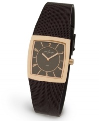 Elegant refinement meets modern fashion. Stainless steel bracelet features Skagen Denmark signature mesh with espresso ion plating. Square, rose-gold-plated case frames a dark brown dial. Dial features rose goldtone indexes and hands with luminous inlay. Two-hand quartz movement. Water resistant up to thirty meters. Limited lifetime warranty.