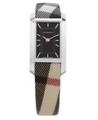 Burberry watch features a check fabric strap and rectangular stainless steel case. Black etched dial with logo and silvertone indices. Two hands. Swiss movement. Water resistant to 30 meters. Two-year limited warranty. Burberry watch features a check fabric strap and rectangular stainless steel case. Black etched dial with logo and silvertone indices. Two hands. Swiss movement. Water resistant to 30 meters. Two-year limited warranty.