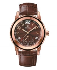 Richly handsome, this Exeter collection watch by Bulova Accutron embraces contemporary hues. Brown croc-embossed leather strap and round rose-gold ion-plated stainless steel case with sapphire crystal. Brown dial features rose-gold tone numerals at markers, minute track, date window at twelve o'clock, day window at six o'clock, luminous hands and logo. Swiss quartz movement. Water resistant to 50 meters. Five-year limited warranty. Richly handsome, this Exeter collection watch by Bulova Accutron embraces contemporary hues. Brown croc-embossed leather strap and round rose-gold ion-plated stainless steel case with sapphire crystal. Brown dial features rose-gold tone numerals at markers, minute track, date window at twelve o'clock, day window at six o'clock, luminous hands and logo. Swiss quartz movement. Water resistant to 50 meters. Five-year limited warranty.