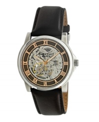 See how time flies with this exposed dial timepiece from Kenneth Cole New York. Crafted of brown leather strap and round stainless steel case. Rose-gold tone and brown skeleton dial features Roman numerals, logo and three hands. Automatic movement. Water resistant to 30 meters. Limited lifetime warranty. See how time flies with this exposed dial timepiece from Kenneth Cole New York. Crafted of brown leather strap and round stainless steel case. Rose-gold tone and brown skeleton dial features Roman numerals, logo and three hands. Automatic movement. Water resistant to 30 meters. Limited lifetime warranty.