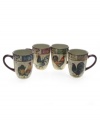 Vintage-inspired Lille Rooster mugs layer farm birds, Baroque florals and notes from France in a set shaped for modern tables but steeped in old-world charm. From Certified International.