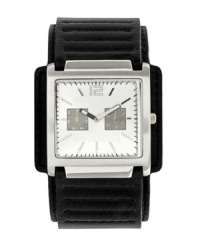 Get there on time with this contemporary cuff watch by Unlisted. Black ribbed leather strap and square silver tone mixed metal case. Silver tone dial features numeral at twelve o'clock, stick indices, minute track, two square multifunctional subdials and two hands. Quartz movement. Splash resistant. Two-year limited warranty. Get there on time with this contemporary cuff watch by Unlisted. Black ribbed leather strap and square silver tone mixed metal case. Silver tone dial features numeral at twelve o'clock, stick indices, minute track, two square multifunctional subdials and two hands. Quartz movement. Splash resistant. Two-year limited warranty.