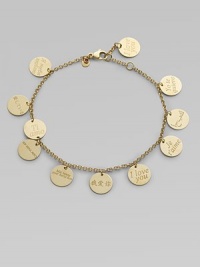 From the Love Plus Collection. A shaky design of feminine discs with I love you in ten different languages spreads love from around the world. 18k yellow gold Length, about 7½ Lobster clasp Made in Italy From the Love Plus Collection. A shaky design of feminine discs with I love you in ten different languages spreads love from around the world. 18k yellow gold Length, about 7½ Lobster clasp Made in Italy