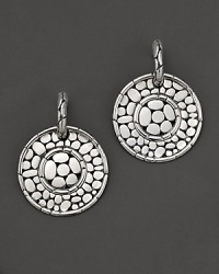 From the Kali collection, medium hoop drop disc earrings featuring the molten lava motif, designed by John Hardy. From the Kali collection, medium hoop drop disc earrings featuring the molten lava motif, designed by John Hardy.
