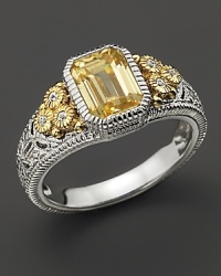 Intricately textured sterling silver and 18K gold frame faceted canary crystal and white sapphires. By Judith Ripka. Intricately textured sterling silver and 18K gold frame faceted canary crystal and white sapphires. By Judith Ripka.