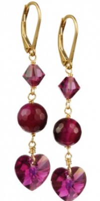 Faceted Fuchsia Agate Bead and Swarovski Elements Bicone and Crystal AB Heart Drop Earrings Faceted Fuchsia Agate Bead and Swarovski Elements Bicone and Crystal AB Heart Drop Earrings