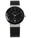 A faceted glass bezel catches attention on this mesh watch from Skagen Denmark.