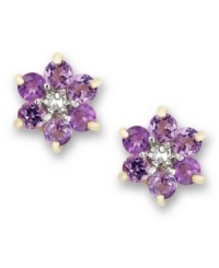 Spring forward. Victoria Townsend's sweet flower studs feature round-cut amethyst (1-1/5 ct. t.w.) set in 18k gold over sterling silver. Approximate diameter: 3/8 inch. Spring forward. Victoria Townsend's sweet flower studs feature round-cut amethyst (1-1/5 ct. t.w.) set in 18k gold over sterling silver. Approximate diameter: 3/8 inch.