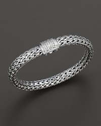 Medium signature sterling woven chain bracelet with carved chain diamond pavé clasp, designed by John Hardy. Medium signature sterling woven chain bracelet with carved chain diamond pavé clasp, designed by John Hardy.