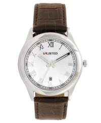 You can never go wrong with a classic. Watch by Unlisted crafted of brown croc-embossed leather strap and round silver tone mixed metal case. Silver tone dial features applied Roman numerals, minute track, date window at six o'clock, three hands and logo. Quartz movement. Splash resistant. Two-year limited warranty. You can never go wrong with a classic. Watch by Unlisted crafted of brown croc-embossed leather strap and round silver tone mixed metal case. Silver tone dial features applied Roman numerals, minute track, date window at six o'clock, three hands and logo. Quartz movement. Splash resistant. Two-year limited warranty.