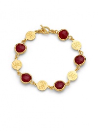 THE LOOKFive faceted 12mm ruby quartz stonesGold vermeil logo-embossed disc stationsToggle closureTHE FITLength, about 7THE MATERIALRuby quartz22k goldplated sterling silverORIGINImported THE LOOKFive faceted 12mm ruby quartz stonesGold vermeil logo-embossed disc stationsToggle closureTHE FITLength, about 7THE MATERIALRuby quartz22k goldplated sterling silverORIGINImported