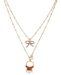 Decent proposal. Betsey Johnson's two-row engagement ring necklace is crafted from antique gold-tone mixed metal with glass crystal accents and a glass pearl for that special touch. Item comes packaged in a signature Betsey Johnson Gift Box. Approximate length: 16 inches + 3-inch extender. Approximate drop: 2-1/2 inches. Decent proposal. Betsey Johnson's two-row engagement ring necklace is crafted from antique gold-tone mixed metal with glass crystal accents and a glass pearl for that special touch. Item comes packaged in a signature Betsey Johnson Gift Box. Approximate length: 16 inches + 3-inch extender. Approximate drop: 2-1/2 inches.