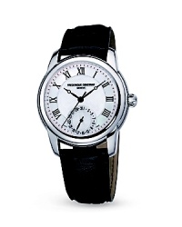 Frédérique Constant's classic timepiece boasts a sophisticated dial with remarkable refinement. Decoration of the movement is to the highest standards, with Cotes de Geneve and Collimacon patterns brightly shining due to the rhodium finish. Frédérique Constant's classic timepiece boasts a sophisticated dial with remarkable refinement. Decoration of the movement is to the highest standards, with Cotes de Geneve and Collimacon patterns brightly shining due to the rhodium finish.