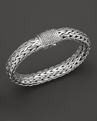 Large signature woven chain bracelet with diamond pavé clasp, designed by John Hardy. Large signature woven chain bracelet with diamond pavé clasp, designed by John Hardy.