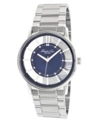 Modern and traditional collide in this unique watch designed by Kenneth Cole New York. Stainless steel bracelet and round case. Clear dial with marine blue inner dial features silver tone stick indices, minute track, three hands and logo. Quartz movement. Water resistant to 30 meters. Limited lifetime warranty. Modern and traditional collide in this unique watch designed by Kenneth Cole New York. Stainless steel bracelet and round case. Clear dial with marine blue inner dial features silver tone stick indices, minute track, three hands and logo. Quartz movement. Water resistant to 30 meters. Limited lifetime warranty.