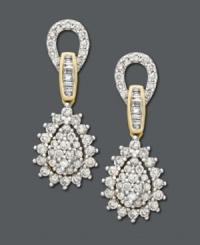 Don't be afraid to dabble in the extravagant. These earrings will add instant glamour and timeless style. Crafted in 14k gold, earrings feature a pear-shaped drop design covered in sparkling round and baguette-cut diamonds (1 ct. t.w.) Approximate drop: 1 inch. Don't be afraid to dabble in the extravagant. These earrings will add instant glamour and timeless style. Crafted in 14k gold, earrings feature a pear-shaped drop design covered in sparkling round and baguette-cut diamonds (1 ct. t.w.) Approximate drop: 1 inch.