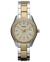 Fossil adds splashes of golden color on this classic steel watch from their Mini Stella collection. Fossil adds splashes of golden color on this classic steel watch from their Mini Stella collection.