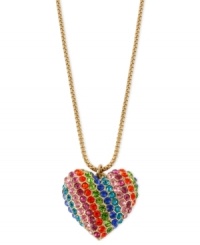It's all about the love. On one side of this heart pendant from Betsey Johnson is a full spectrum of glass crystal accents and on the back is an inscription, Love Me. The necklace is crafted from gold-tone mixed metal for added attraction. Approximate length: 16 inches + 3-inch extender. Approximate drop: 1-1/2 inches. It's all about the love. On one side of this heart pendant from Betsey Johnson is a full spectrum of glass crystal accents and on the back is an inscription, Love Me. The necklace is crafted from gold-tone mixed metal for added attraction. Approximate length: 16 inches + 3-inch extender. Approximate drop: 1-1/2 inches.