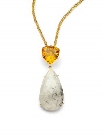 THE LOOKA bold faceted teardrop of rutile quartzHangs from a gold-colored faceted glass trillionGolden chainLobster claspTHE FITChain length, about 22, plus 2 extenderPendant length, about 2½THE MATERIALGlass18k goldplatingORIGINImported THE LOOKA bold faceted teardrop of rutile quartzHangs from a gold-colored faceted glass trillionGolden chainLobster claspTHE FITChain length, about 22, plus 2 extenderPendant length, about 2½THE MATERIALGlass18k goldplatingORIGINImported