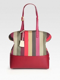 Bands of color adorn this roomy carryall of rich jacquard canvas and Italian leather. Adjustable leather shoulder straps, 9-10¾ dropTop zip closureOne inner zip compartmentTwo inside open pocketsLinen lining11¼W X 10H X 5DMade in Italy Bands of color adorn this roomy carryall of rich jacquard canvas and Italian leather. Adjustable leather shoulder straps, 9-10¾ dropTop zip closureOne inner zip compartmentTwo inside open pocketsLinen lining11¼W X 10H X 5DMade in Italy