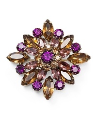 Bold colored stones are in full bloom on this clustered pin from Carolee, designed in celebration of the brand's 40 year anniversary. Bold colored stones are in full bloom on this clustered pin from Carolee, designed in celebration of the brand's 40 year anniversary.