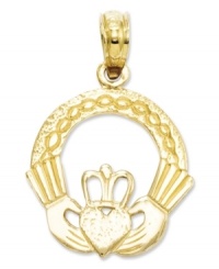 A symbol of love, this stunning cut-out Claddagh charm makes the perfect gift for a special someone. Crafted in 14k gold. Chain not included. Approximate length: 4/5 inch. Approximate width: 3/5 inch. A symbol of love, this stunning cut-out Claddagh charm makes the perfect gift for a special someone. Crafted in 14k gold. Chain not included. Approximate length: 4/5 inch. Approximate width: 3/5 inch.