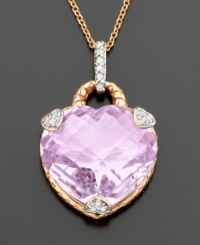 Heartfelt romance. Twinkling round-cut diamonds (1/10 ct. t.w.) light up a heart-shaped cushion-cut pink amethyst (14-3/4 ct. t.w.), set in pretty 14k rose gold with matching chain. Length measures 18 inches. Heartfelt romance. Twinkling round-cut diamonds (1/10 ct. t.w.) light up a heart-shaped cushion-cut pink amethyst (14-3/4 ct. t.w.), set in pretty 14k rose gold with matching chain. Length measures 18 inches.