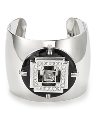 T Tahari taps into textural intrigue with this plated metal cuff, detailed with a shapely, crystal bedecked topper. T Tahari taps into textural intrigue with this plated metal cuff, detailed with a shapely, crystal bedecked topper.