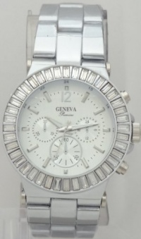 Geneva Quartz Chronograph-style Look RhineStone on Bezel Silver Metal Band Geneva Quartz Chronograph-style Look RhineStone on Bezel Silver Metal Band