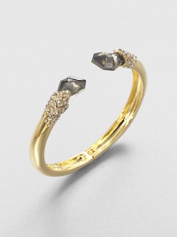 From the Miss Havisham Collection. A simple golden bangle is stunningly capped by faceted doublets of pyrite and white quartz and sprinkled with Swarovski crystals.CrystalWhite quartz and pyriteGoldtoneDiameter, about 2.4Width, about .6HingedMade in USA From the Miss Havisham Collection. A simple golden bangle is stunningly capped by faceted doublets of pyrite and white quartz and sprinkled with Swarovski crystals.CrystalWhite quartz and pyriteGoldtoneDiameter, about 2.4Width, about .6HingedMade in USA